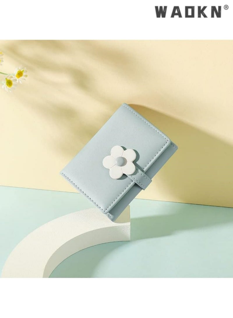 WAOKN Elegant Small Tri-fold Wallet for Women, PU Leather Print with Flower Pattern, Including Cash Pocket, Card Holder, Coin Purse and ID Window(Blue)  - Image 2