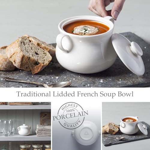 WM Bartleet Sons WM Bartleet & Sons 1750 T411 Traditional Porcelain Lidded Individual French Onion Soup and Stew Bowl with Handles 500ml – White - Image 2