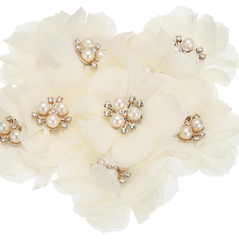 PATIKIL 236 Inch Rhinestone Pearl Chiffon Flower 10 Pcs Sewing Fabric Appliques for DIY Craft Clothing Cards Skirts Dress Headbands Wedding Party Decoration Beige - Image 3