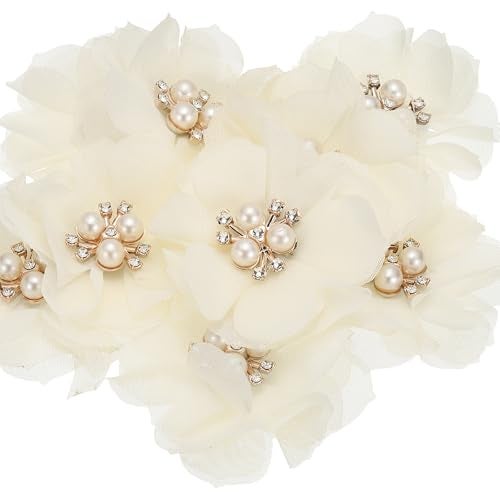 PATIKIL 236 Inch Rhinestone Pearl Chiffon Flower 10 Pcs Sewing Fabric Appliques for DIY Craft Clothing Cards Skirts Dress Headbands Wedding Party Decoration Beige - Image 1