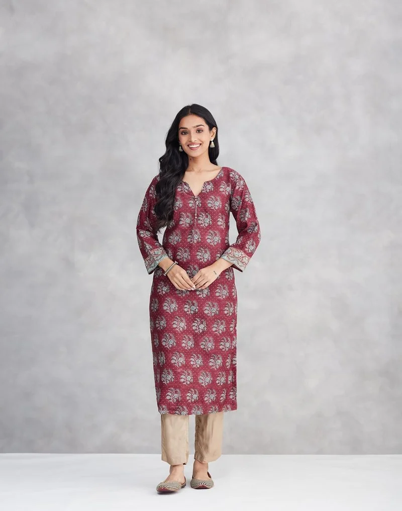 Fabindia Maroon Cotton Silk Hand Block Print Long Kurta