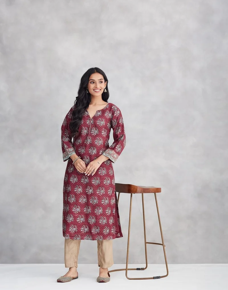 Fabindia Maroon Cotton Silk Hand Block Print Long Kurta