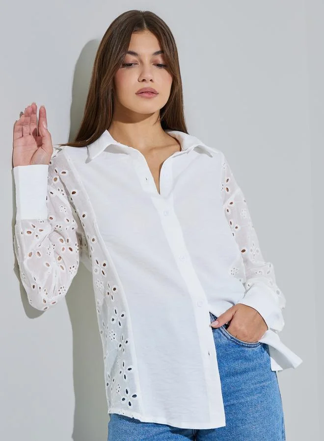 ستايلي White Eyelet Long Sleeve Shirt