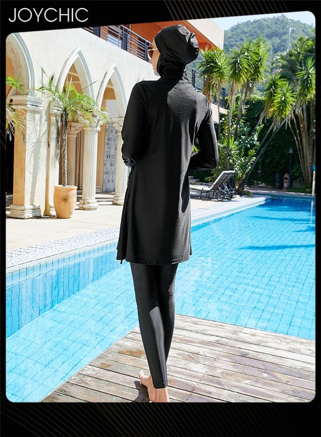 Joychic ملابس سباحة صيفية كاملة التغطية للنساء المسلمات بأكمام طويلة لحماية من الشمس، ملابس سباحة سريعة الجفاف بسحاب، سوداء - Image 5