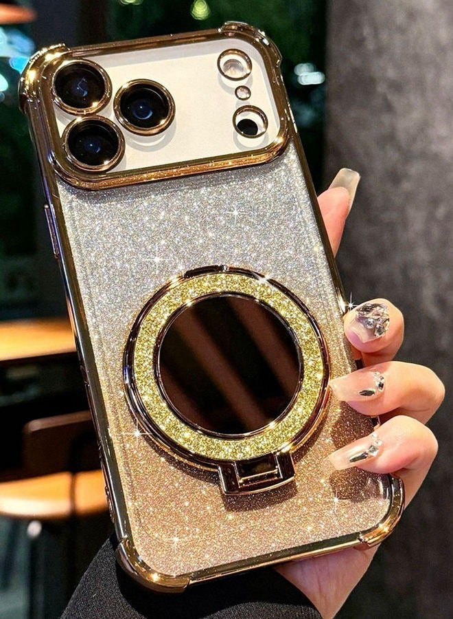 حافظة مغناطيسية لامعة لهاتف iPhone 17 Pro Max، واقي عدسة الكاميرا اللامع، حامل لامع، مرآة مكياج، تدعم الشحن اللاسلكي، غطاء فاخر مقاوم للصدمات لهاتف iPhone 17 Pro Max، ذهبي - Image 4