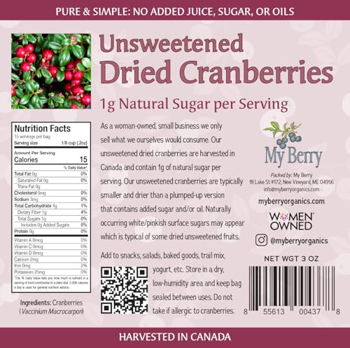 MY BERRY Unsweetened Dried Cranberries | No Added Sugar, Juice or Oils | Canadian Grown | 1g Natural Sugar Per Serving | More Berries Per Ounce Than Sweetened Berries | Woman-Owned Small Company | 3oz - Image 2