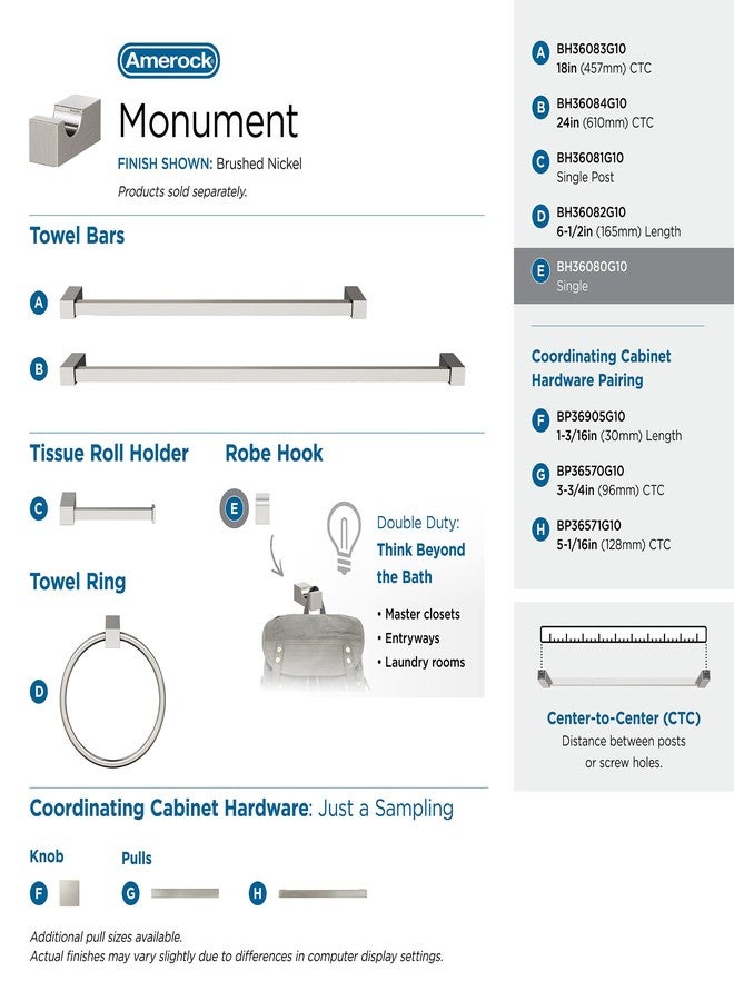 Amerock BH36080G10 | Brushed Nickel Single Robe Hook | 7/8 in. (22 mm) Length Towel Holder | Monument | Towel Hook for Bathroom | Bathroom Hardware | Bath Accessories - Image 4