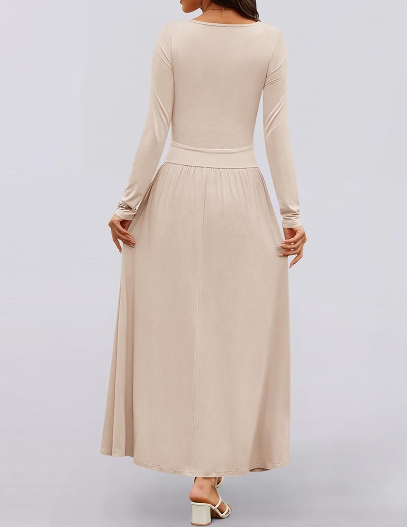Women's Long Sleeve Maxi Dress with Pockets - Casual Slim Swing Pleated Dress in Sand - Image 4