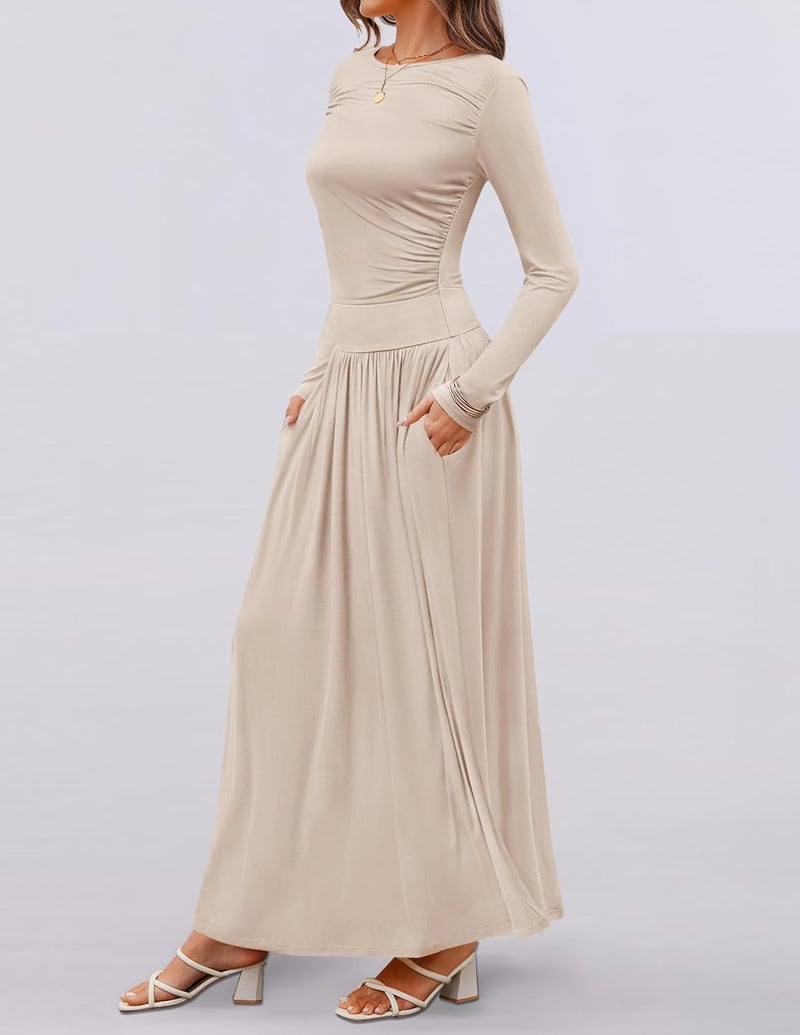 Women's Long Sleeve Maxi Dress with Pockets - Casual Slim Swing Pleated Dress in Sand - Image 5