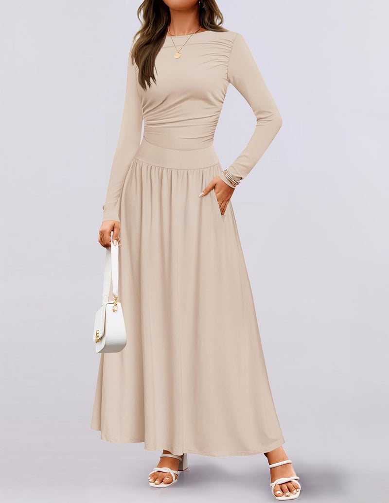 Women's Long Sleeve Maxi Dress with Pockets - Casual Slim Swing Pleated Dress in Sand - Image 3