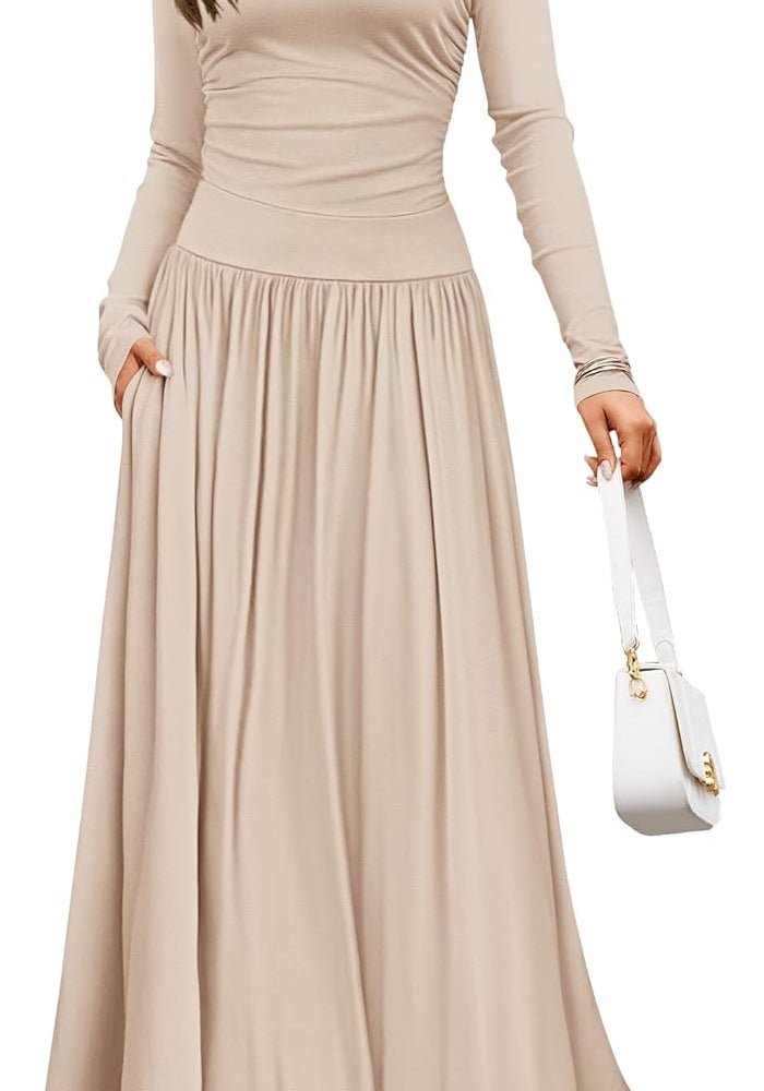 Women's Long Sleeve Maxi Dress with Pockets - Casual Slim Swing Pleated Dress in Sand - Image 1