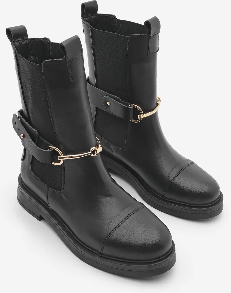 MARJIN Women Genuine Leather Casual Boots Elastic Side Band Chain Buckle Lorve