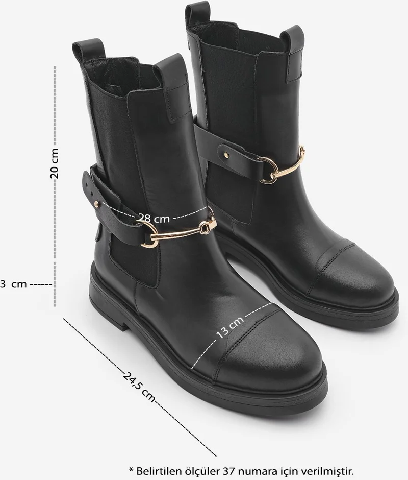 MARJIN Women Genuine Leather Casual Boots Elastic Side Band Chain Buckle Lorve