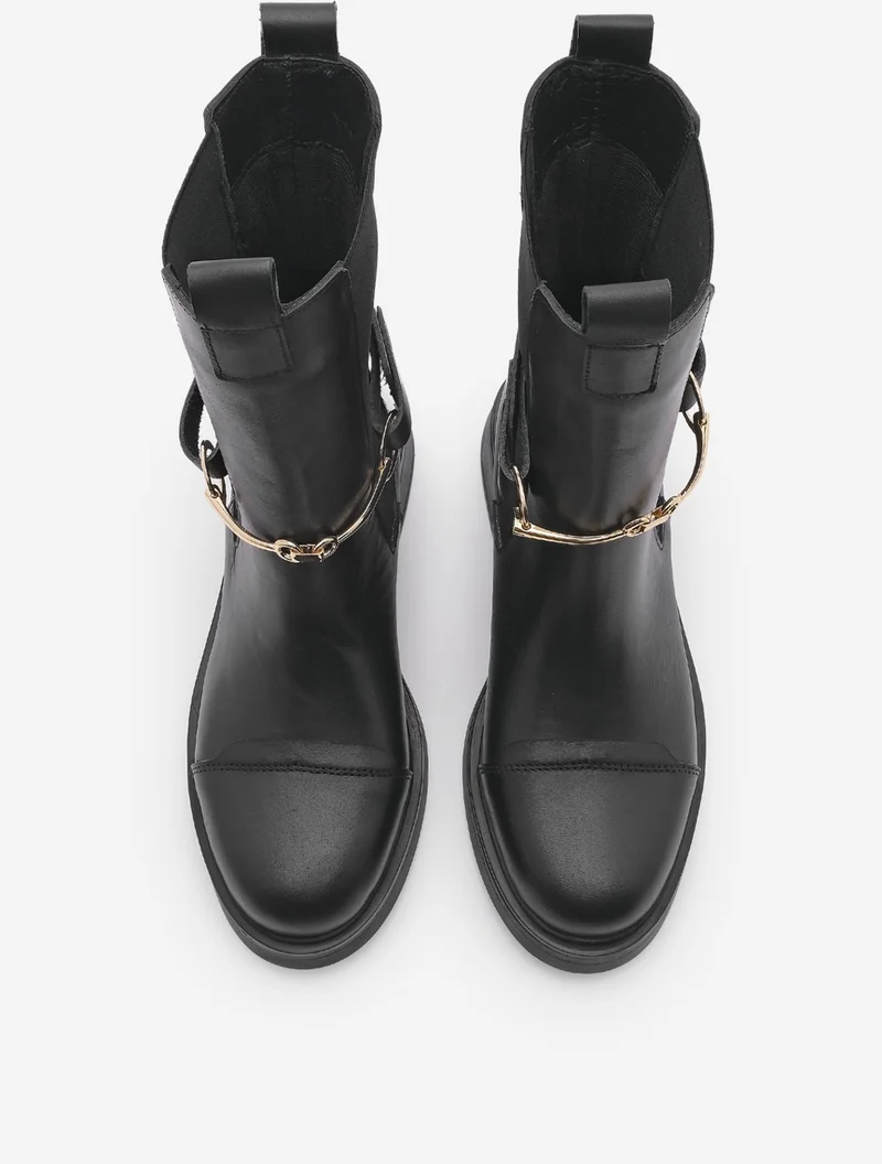 MARJIN Women Genuine Leather Casual Boots Elastic Side Band Chain Buckle Lorve