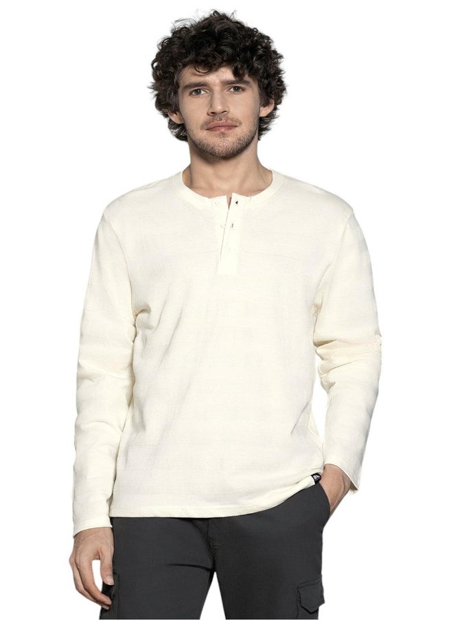 Dennis Lingo - Ecru Solid Regular Fit Henley Neck T-shirt for Men - 100% Cotton, Full Sleeves, Casual, - Image 1