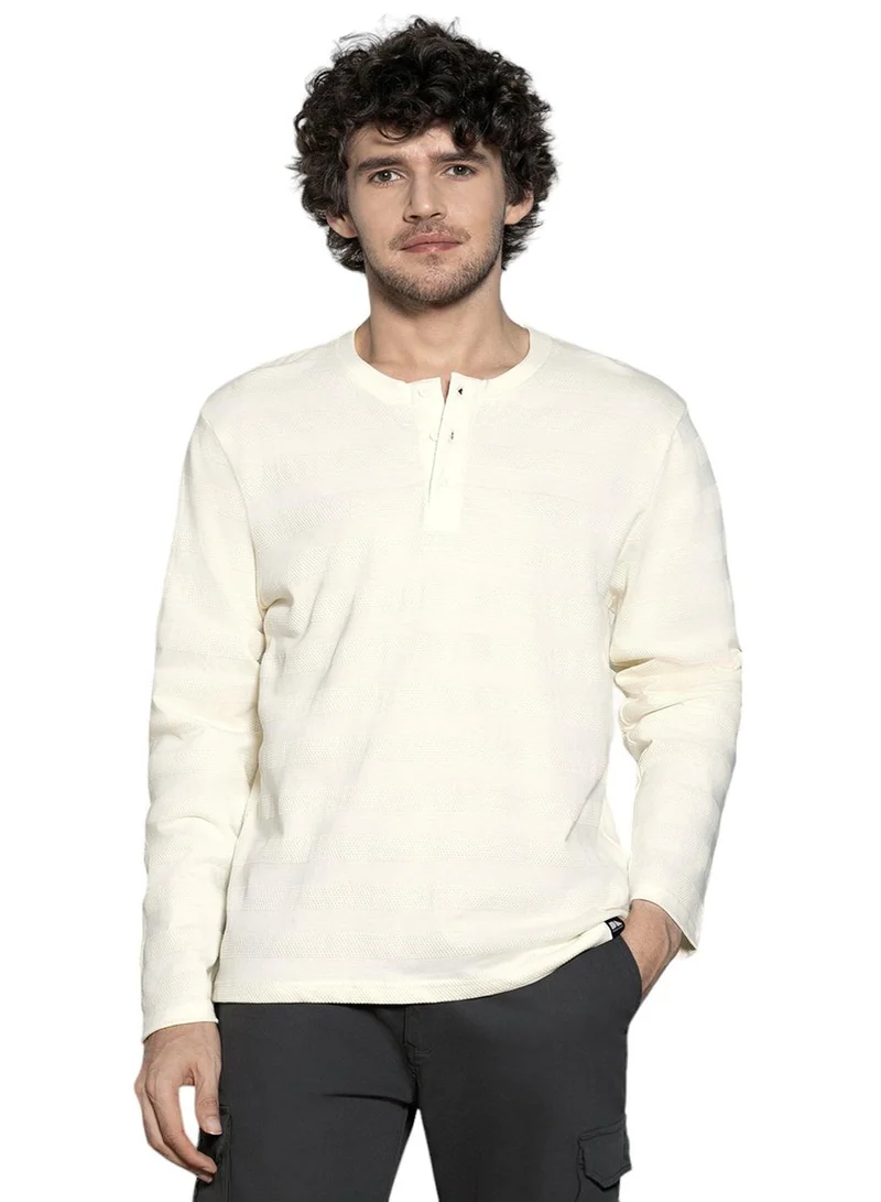 Dennis Lingo Ecru Solid Regular Fit Henley Neck T-shirt for Men - 100% Cotton, Full Sleeves, Casual,