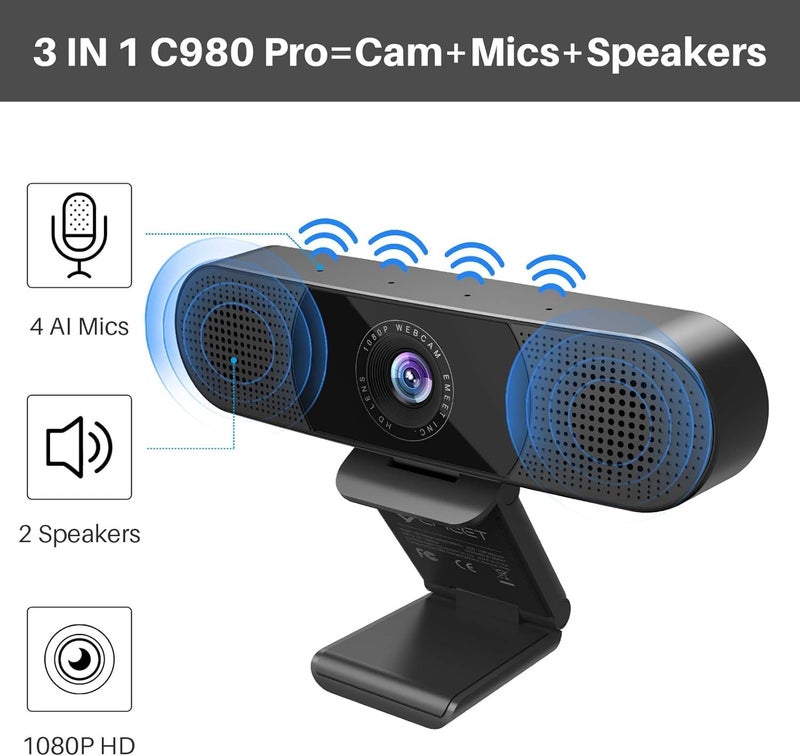eMeet 3 in 1 Webcam - 1080P Webcam with Microphone and Speakers, Noise Reduction, Auto Low Light Correction W/Cover, C980 Pro USB Camera Webcam 90 for Video Conferencing Streaming/Gaming/Class - Image 2