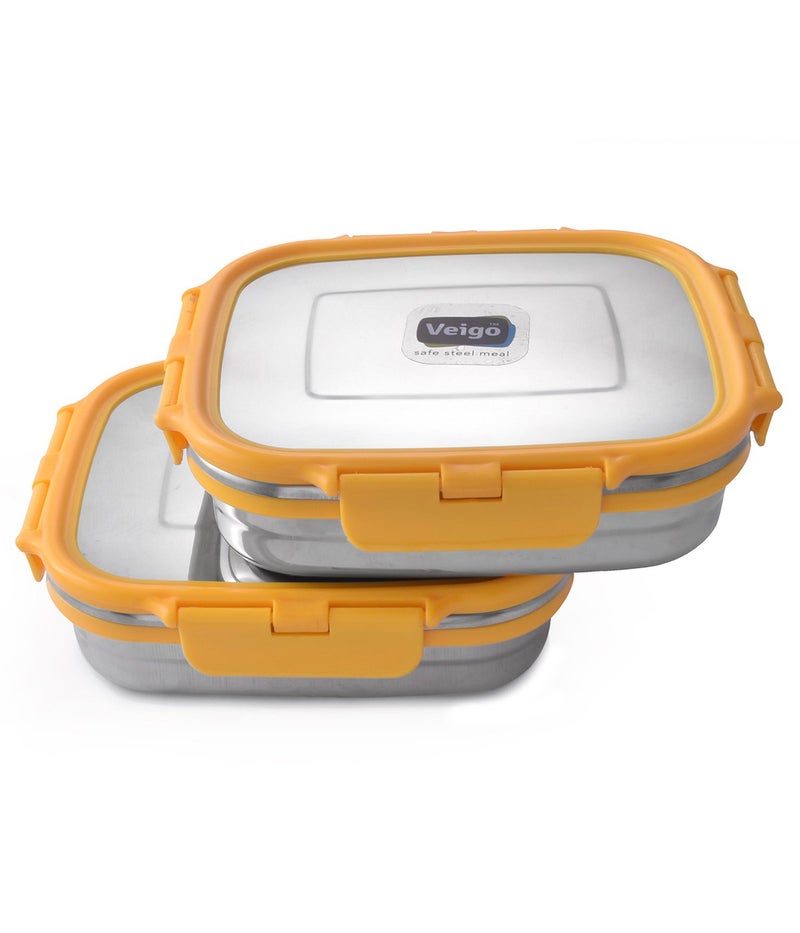 Veigo Veigo Premium Finish Lock N Steel 2 Pcs Container (2 Big), Airtight Leakproof Lunch Box Sleek & Compact Design Easy to Fit Into Any Bagpack Perfect for Office,School,Outdoor- Yellow 600ml+600ml  - Image 2