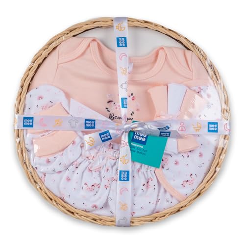 Mee Mee New Born Basket Baby Gift Set | Soft Cotton Clothing Essentials for Infants/Baby Girls, Boys | Baby Shower Clothing Hamper | 8 Pieces | (Round, Pink) - Image 1