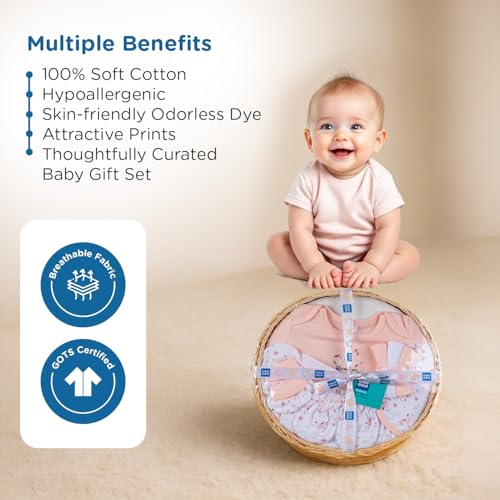 Mee Mee New Born Basket Baby Gift Set | Soft Cotton Clothing Essentials for Infants/Baby Girls, Boys | Baby Shower Clothing Hamper | 8 Pieces | (Round, Pink) - Image 5