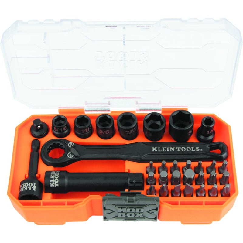 Klein Tools 65300 KNECT 32Piece Pass Through Socket Set SAE Impact Socket Set with MODbox Case 14Inch Drive Sockets Bits and Accessories