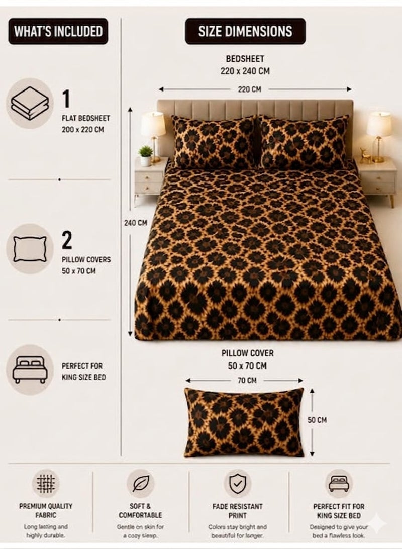 Eworld King Size Bed Sheet Set 220x240 cm Leopard Print 125 GSM Soft Breathable Fabric 1 Bedsheet 2 Pillow Covers Durable Fade Resistant - Image 3
