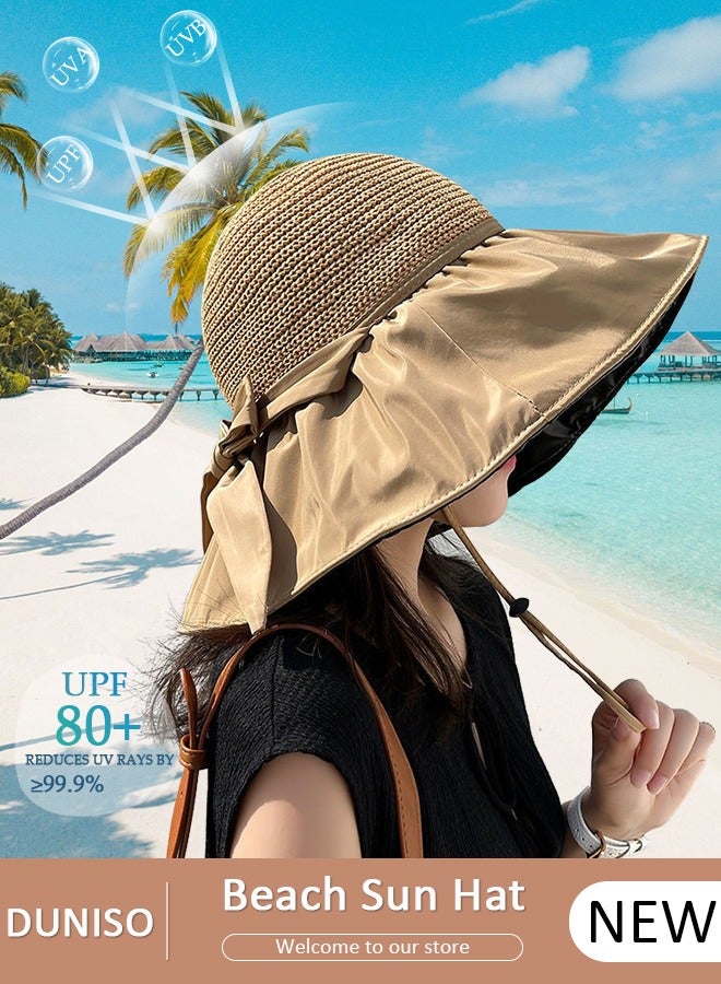 DUNISO Women's Foldable Sun Hat Big Bowknot Summer Wide Brim Roll Up Beach Cap Summer Solid Travel Beach Bucket Hats UV Protection UPF50+ for Vacation Outdoor Activities - Image 1