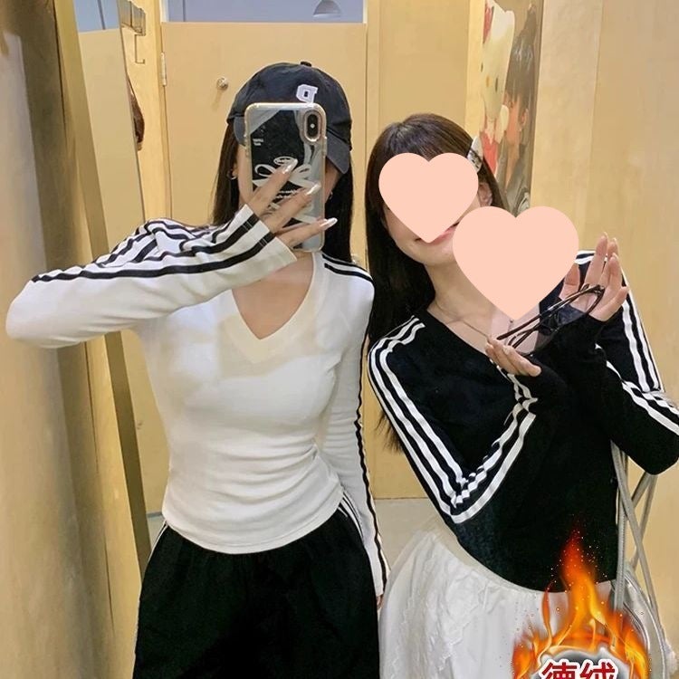 American Striped Spice Girl T-Shirt Long-Sleeved New Early Autumn Slim-Fit Slimming All-Match Base Short Top Ins Trendy - Image 3