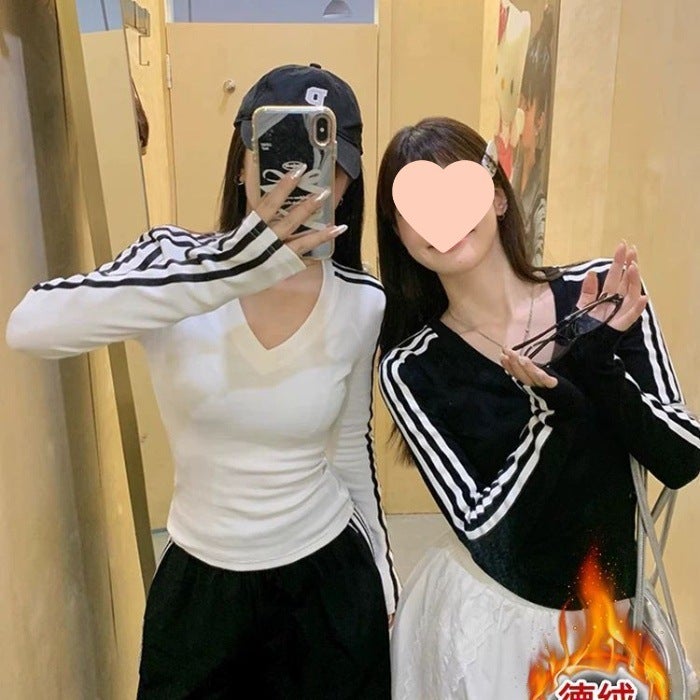 American Striped Spice Girl T-Shirt Long-Sleeved New Early Autumn Slim-Fit Slimming All-Match Base Short Top Ins Trendy - Image 1