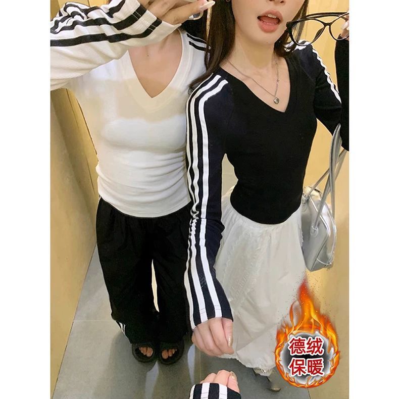 American Striped Spice Girl T-Shirt Long-Sleeved New Early Autumn Slim-Fit Slimming All-Match Base Short Top Ins Trendy - Image 5