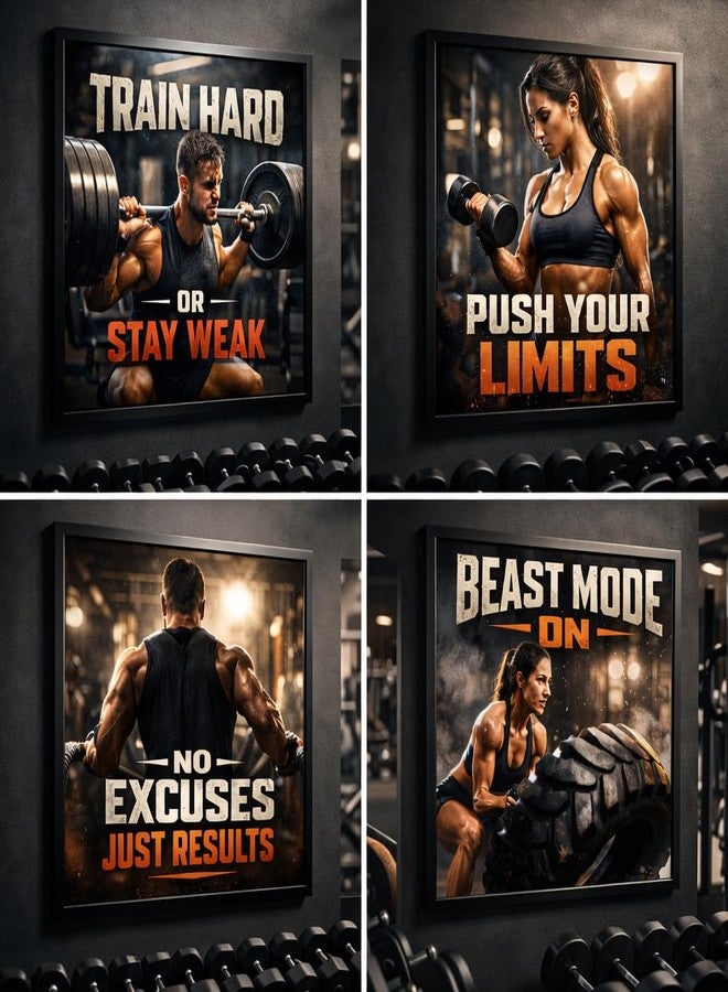 Gym Motivation Posters Set of 4 with Black Frame - Premium Fitness Wall Art with 0.5 Inch Frame - Inspirational Workout Quotes for Gym, Home Gym & Fitness Studio Décor - Image 3