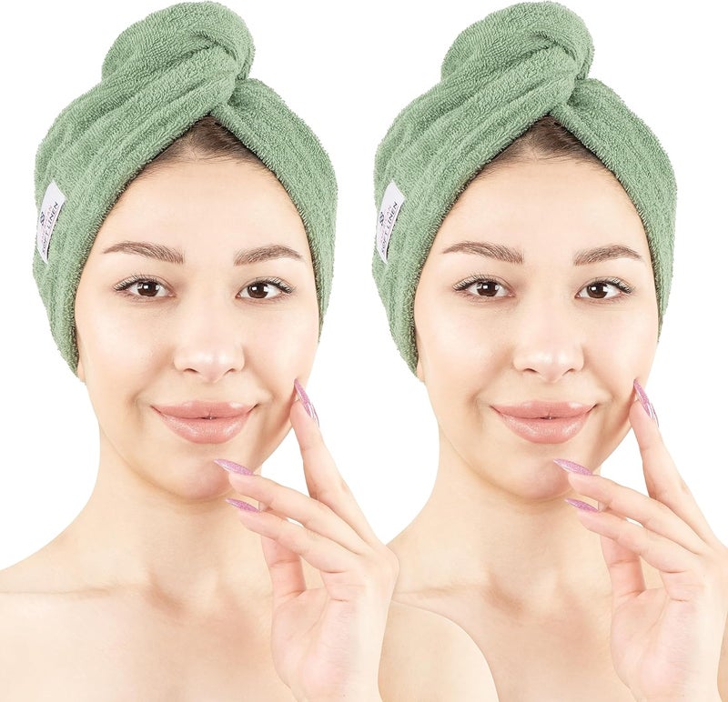 American Soft Linen منشفة شعر قطنية ناعمة 100% للنساء - غطاء رأس - عمامة شعر - لفافة منشفة للشعر الطويل والمجعد - 2 عبوة - أخضر حكيم