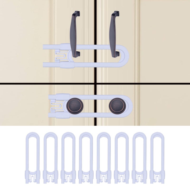 OKEFAN Sliding Cabinet Child Safety Locks - OKEFAN Baby Proofing Cabinet Lock Cupboard Latches for Kids on Closet Door Knobs Handles Pulls No Drill (8, White) - Image 2
