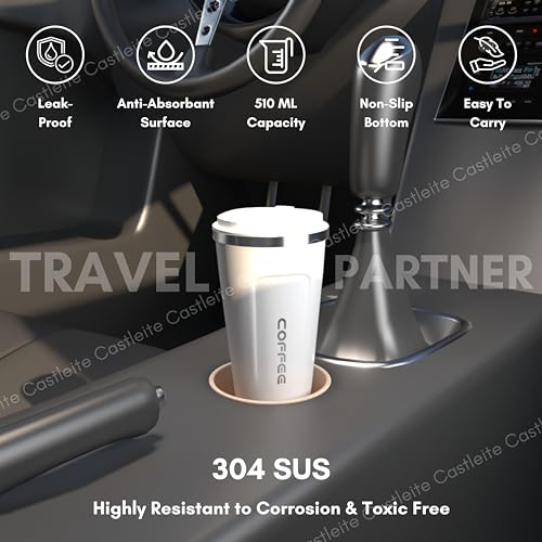 Castleite BrewGlide Travel Coffee Mug 6 & 8 Hours Hot & Cold 510ML Vacuum Insulated Stainless Steel Double Walled Sipper with Spill-Proof Flip Lid Design - Your Fancy Portable Companion (Pearl White) - Image 4