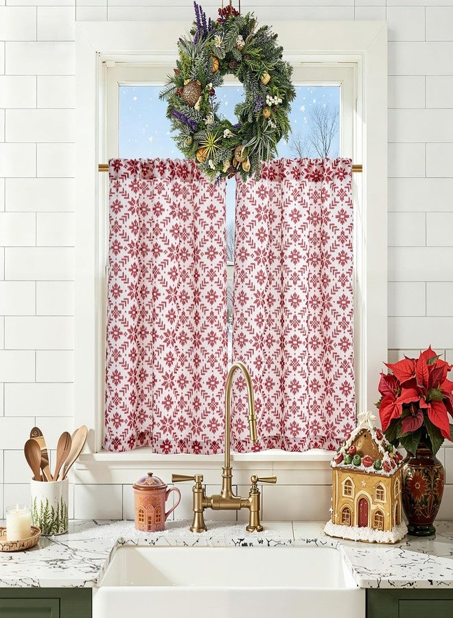 jinchan Snowflake Plaid Christmas Curtains 36 Inch Length Cafe Curtain Red Faux Canvas Textured Knit-Look Tier Curtains Holiday Christmas Decorations for Living Room Small Windows Rod Pocket 2 Panels - Image 1
