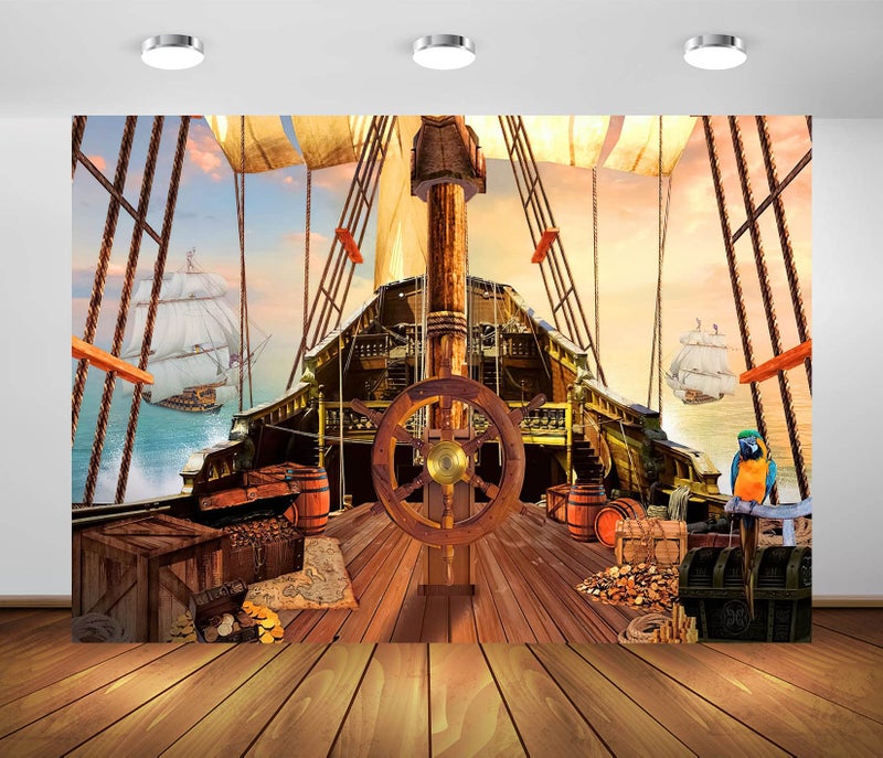 BELECO 7x5ft Fabric Vintage Pirate Ship Backdrop Wooden Rudder Treasure Chests Treasure Map Barrels Parrot Ocean Sailing Ship Nautical Pirates Background Pirate Theme Party Decorations Photo Props - Image 1
