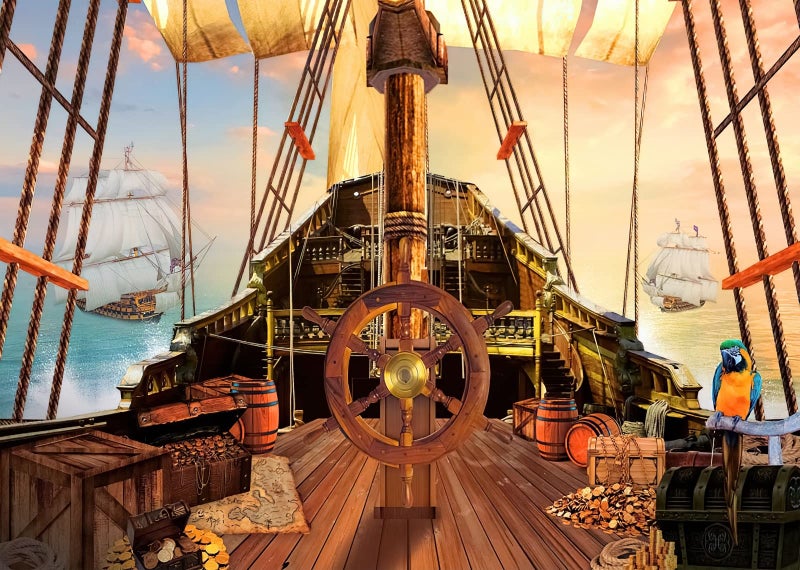 BELECO 7x5ft Fabric Vintage Pirate Ship Backdrop Wooden Rudder Treasure Chests Treasure Map Barrels Parrot Ocean Sailing Ship Nautical Pirates Background Pirate Theme Party Decorations Photo Props - Image 2