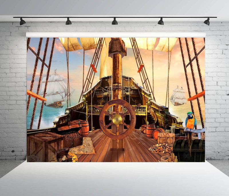 BELECO 7x5ft Fabric Vintage Pirate Ship Backdrop Wooden Rudder Treasure Chests Treasure Map Barrels Parrot Ocean Sailing Ship Nautical Pirates Background Pirate Theme Party Decorations Photo Props - Image 5