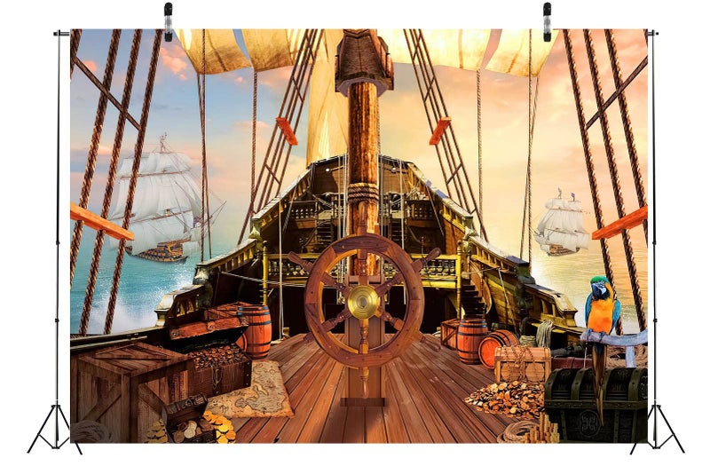 BELECO 7x5ft Fabric Vintage Pirate Ship Backdrop Wooden Rudder Treasure Chests Treasure Map Barrels Parrot Ocean Sailing Ship Nautical Pirates Background Pirate Theme Party Decorations Photo Props - Image 4