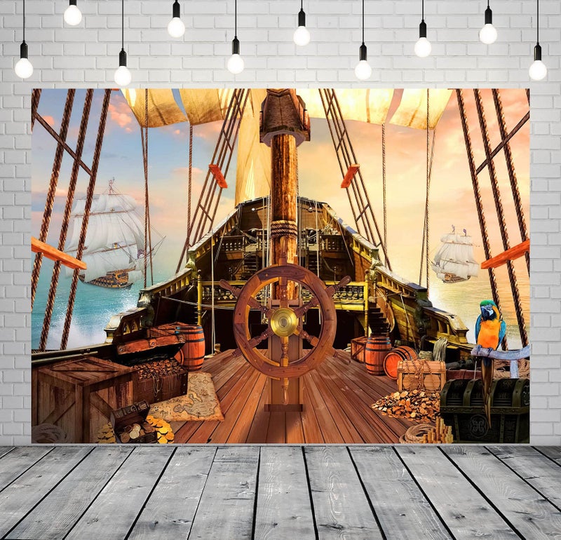 BELECO 7x5ft Fabric Vintage Pirate Ship Backdrop Wooden Rudder Treasure Chests Treasure Map Barrels Parrot Ocean Sailing Ship Nautical Pirates Background Pirate Theme Party Decorations Photo Props - Image 3