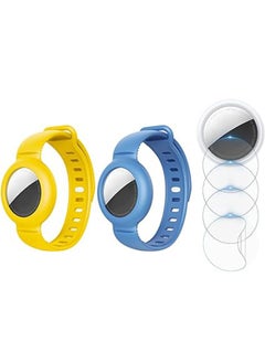 AirTag Bracelet for Kids, 2 Pack Silicone Watch Bands + 4 Pack Anti-Scratch Films for Kids Toddler Baby Children Elders, Colorful Waterproof Wristband Compatible with Apple AirTag 2021