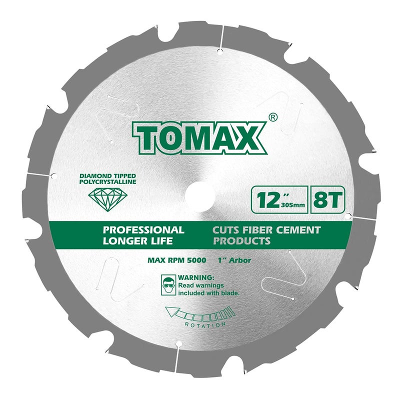TOMAX PCDM12 Inch 8 Tooth Polycrystalline Diamond Tipped (PCD) Hardie Fiber Cement Saw Blade with 1 Inch Arbor - Image 1