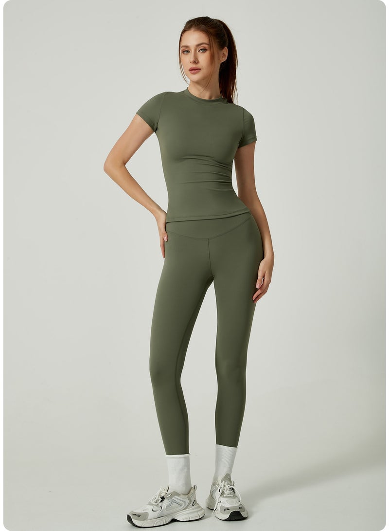 Meilun Olive Green Short - Sleeve Top and Leggings Activewear Set - Image 1