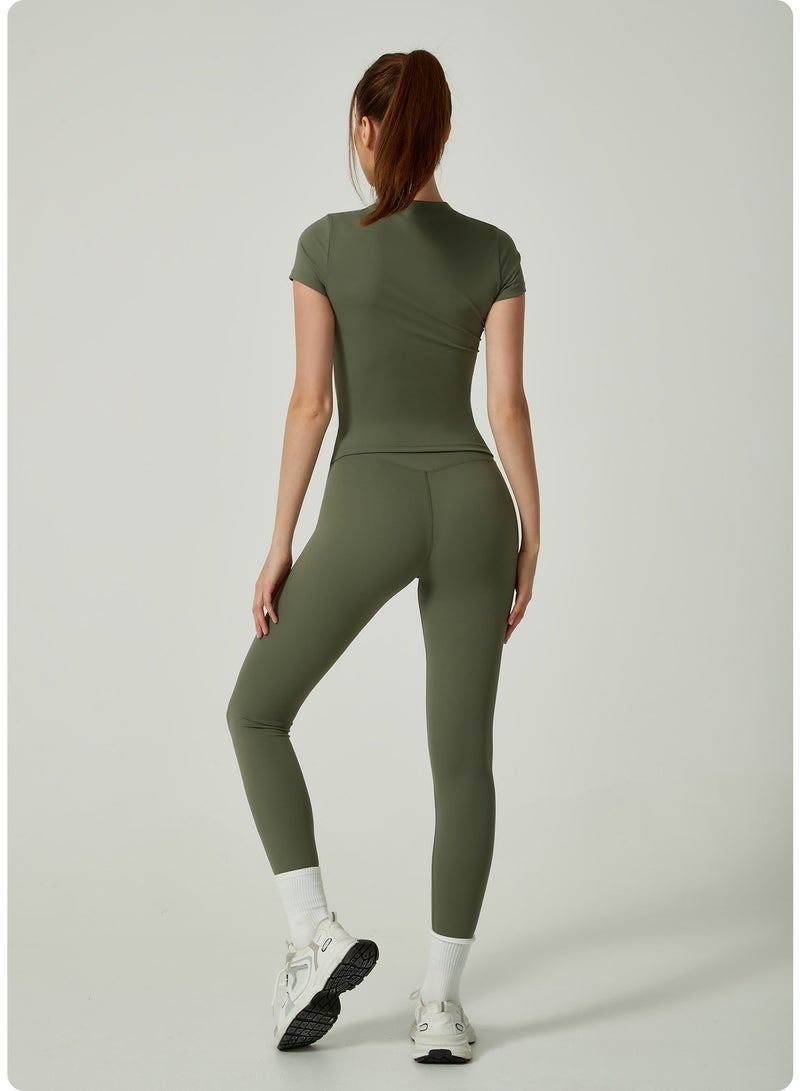 Meilun Olive Green Short - Sleeve Top and Leggings Activewear Set - Image 2