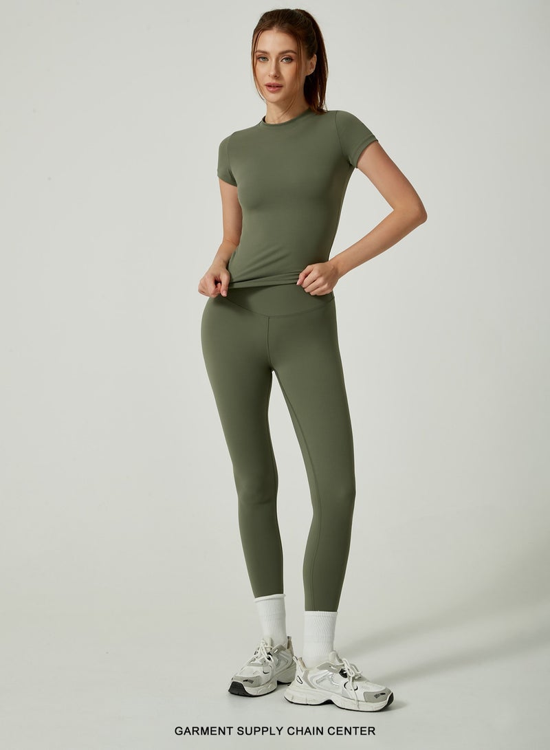 Meilun Olive Green Short - Sleeve Top and Leggings Activewear Set - Image 3