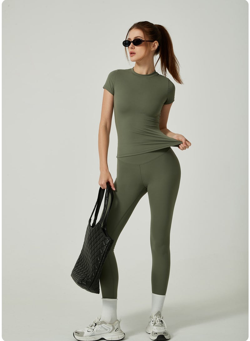Meilun Olive Green Short - Sleeve Top and Leggings Activewear Set - Image 4