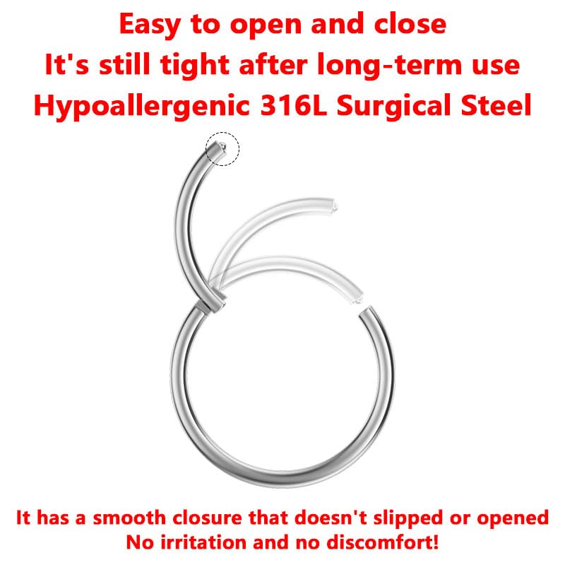 AMASIS 2Pcs 20Gauge Silver Nose Rings Hoops - Men Women 316L Surgical Steel Hinged Nose Ring Hoop for Nostril Septum Cartilage Helix Daith Tragus Rook Conch Lip Ear Lobe Piercings - Image 4