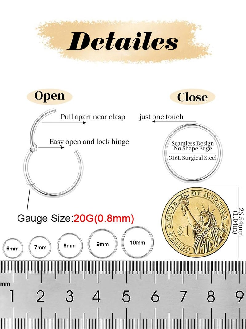 AMASIS 2Pcs 20Gauge Silver Nose Rings Hoops - Men Women 316L Surgical Steel Hinged Nose Ring Hoop for Nostril Septum Cartilage Helix Daith Tragus Rook Conch Lip Ear Lobe Piercings - Image 2