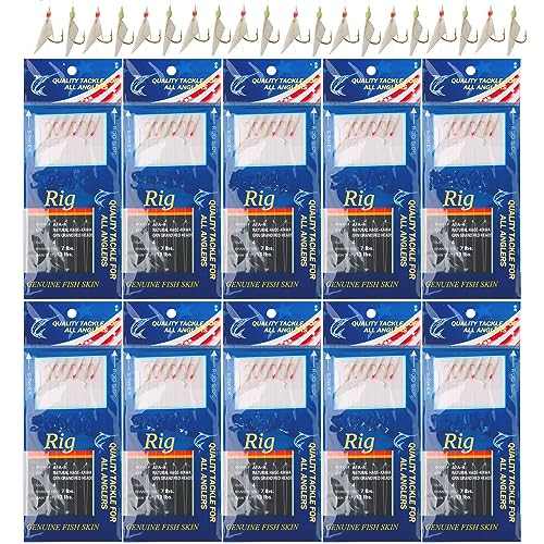 Shaddock Fishing Fishing Bait Rigs Saltwater, 10Packs Surf Fishing Rigs with Fish Skin Feather Fishing Hooks Swivels Glow Beads Rigs Sea Bass Rigs Fishing Bait Lures (AFA, 6#) - Image 1