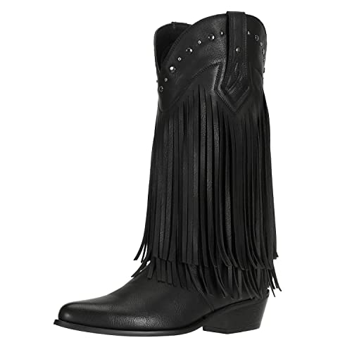 SheSole Women's Fringe Western Boots Wide Calf Riding Cowgirl Cowboy boots Black US 7 - Image 1
